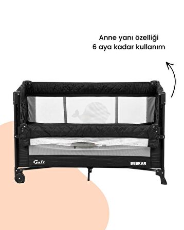 Gulz Beskar Anne Yanı Sallanır Cibinlikli Dönenceli Alt Açmalı Oyun Parkı Bebek Beşik 70X120 cm